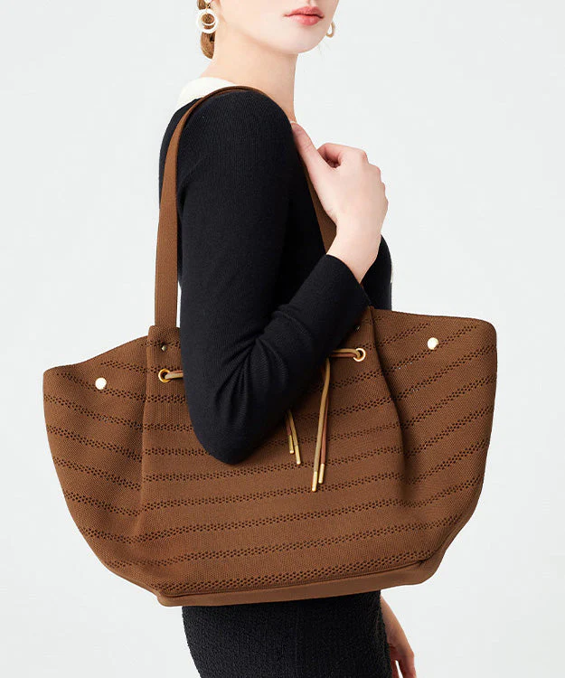 Women Brown Drawstring Striped Cotton Shoulder Bags - Image 4