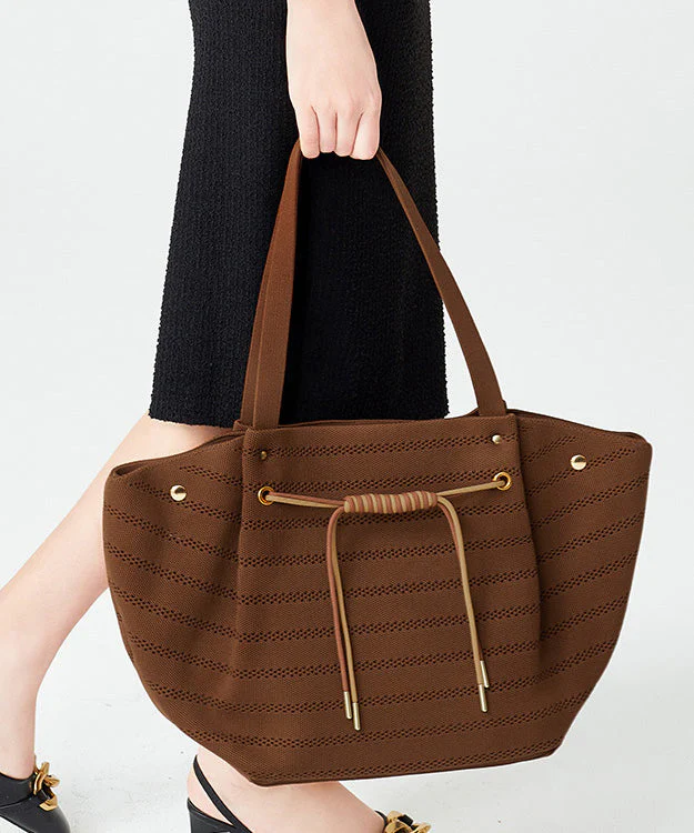 Women Brown Drawstring Striped Cotton Shoulder Bags - Image 5