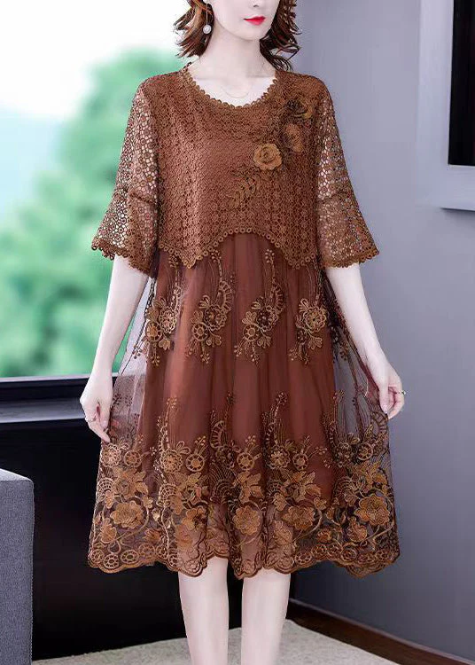Women Brown O-Neck Embroideried Lace Vacation Dresses Half Sleeve - Image 2
