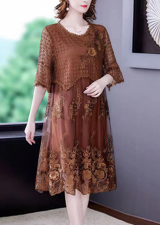 Women Brown O-Neck Embroideried Lace Vacation Dresses Half Sleeve - Image 3