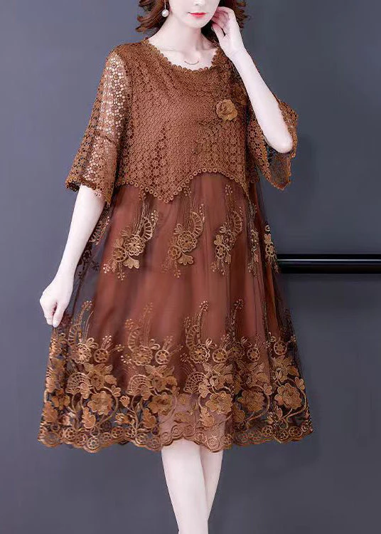 Women Brown O-Neck Embroideried Lace Vacation Dresses Half Sleeve - Image 4
