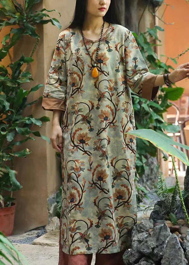 Women Brown Print Button Patchwork Cotton Dresses Bracelet Sleeve - Image 2