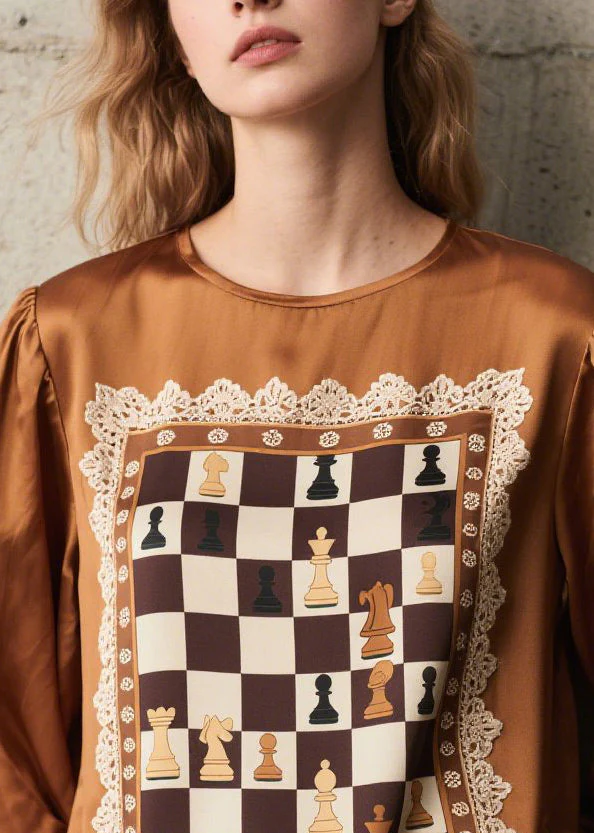 Women Brown Print Patchwork Silk Shirts Spring - Image 2