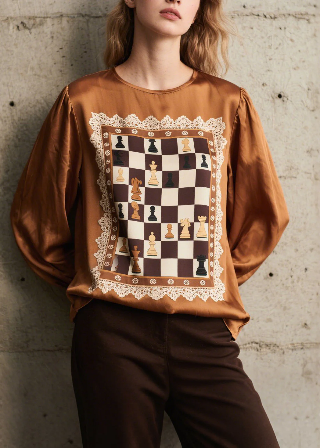 Women Brown Print Patchwork Silk Shirts Spring - Image 3