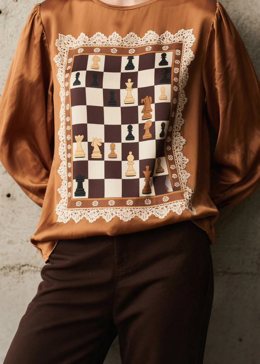 Women Brown Print Patchwork Silk Shirts Spring - Image 4