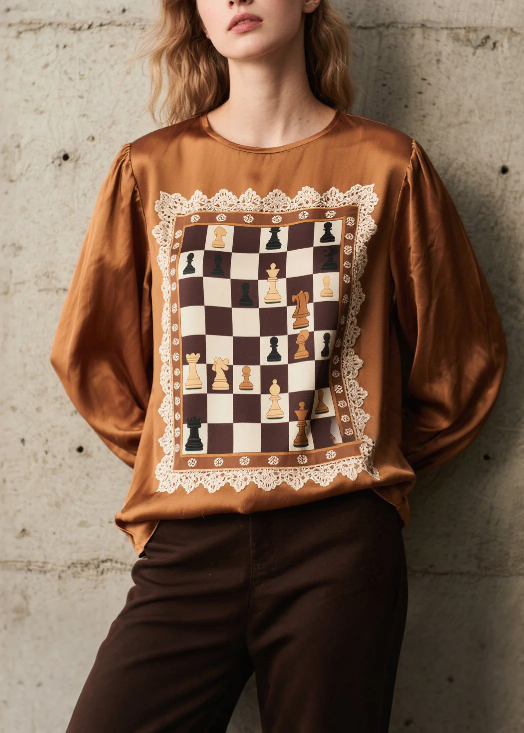 Women Brown Print Patchwork Silk Shirts Spring - Image 5