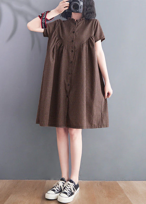 Women Brown Ruffled Plaid Linen A Line Dress Summer