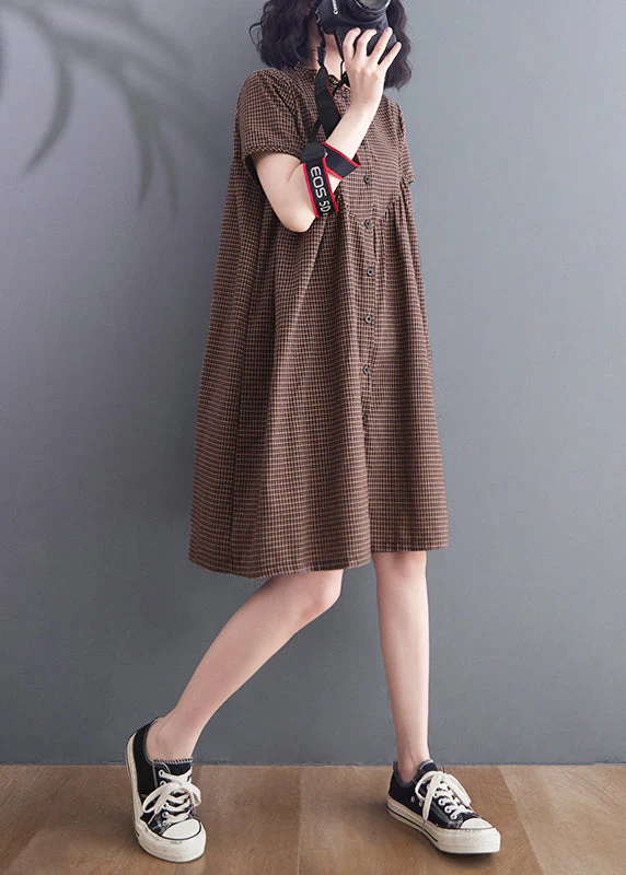 Women Brown Ruffled Plaid Linen A Line Dress Summer - Image 2