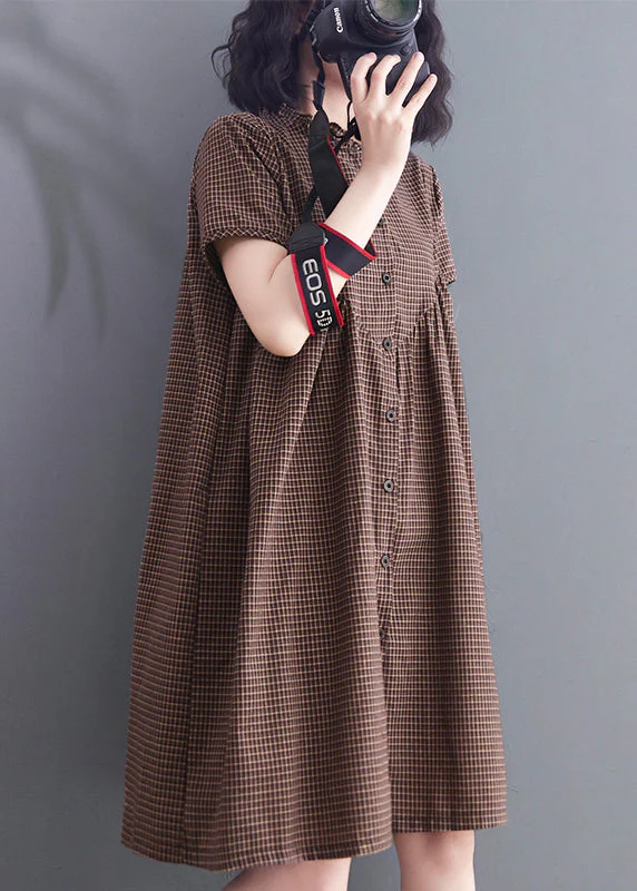 Women Brown Ruffled Plaid Linen A Line Dress Summer - Image 3