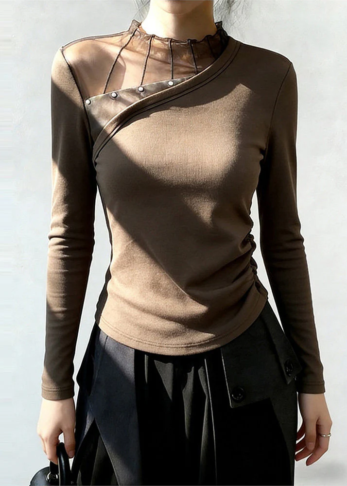 Women Brown Stand Collar Patchwork Wrinkled Cotton Blouse Top Spring - Image 3