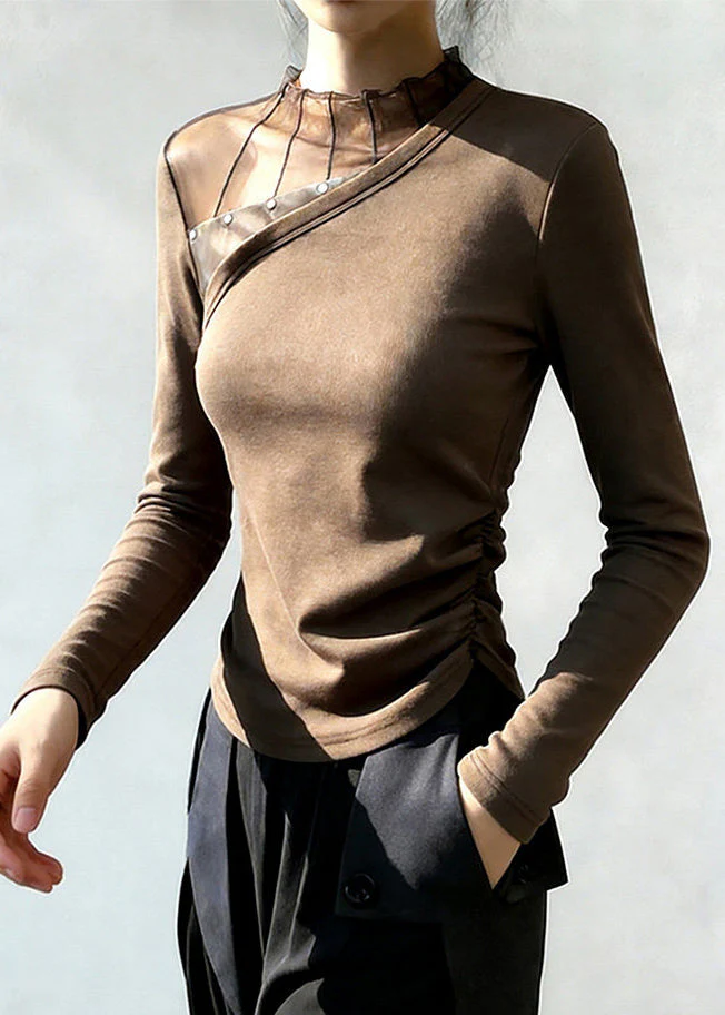 Women Brown Stand Collar Patchwork Wrinkled Cotton Blouse Top Spring - Image 4