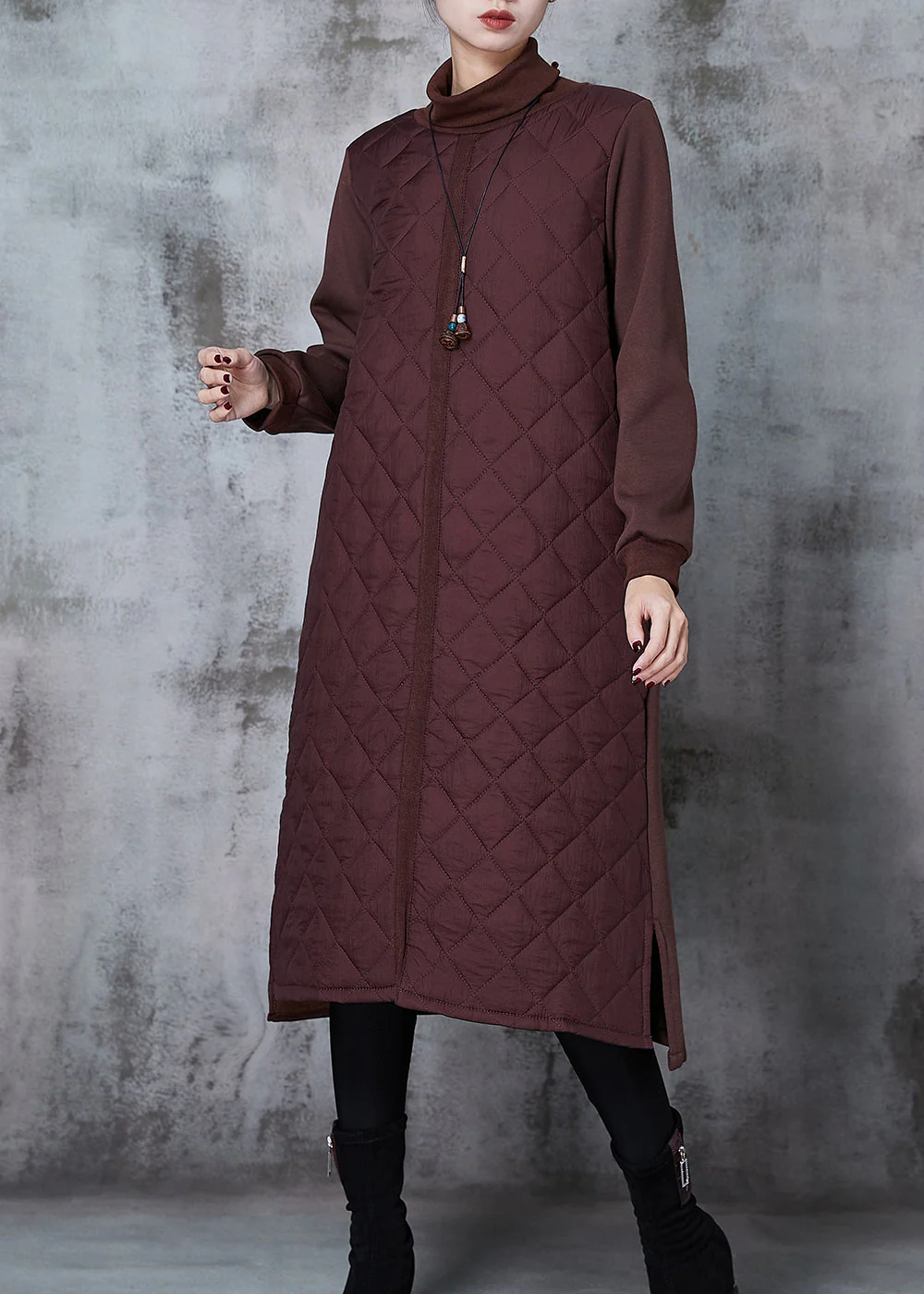 Women Brown Turtle Neck Patchwork Fine Cotton Filled Dresses Spring - Image 2