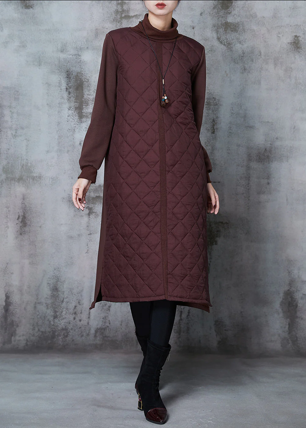 Women Brown Turtle Neck Patchwork Fine Cotton Filled Dresses Spring - Image 3