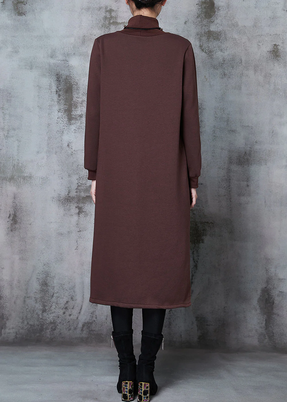 Women Brown Turtle Neck Patchwork Fine Cotton Filled Dresses Spring - Image 4