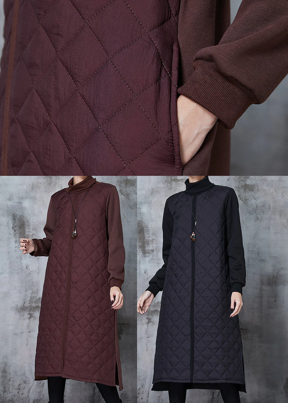 Women Brown Turtle Neck Patchwork Fine Cotton Filled Dresses Spring - Image 5
