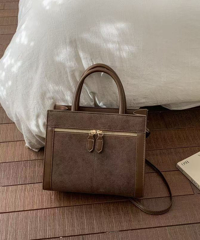 Women Brown Zippered Patchwork Faux Leather Tote Handbag - Image 2