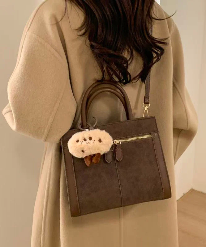 Women Brown Zippered Patchwork Faux Leather Tote Handbag - Image 4