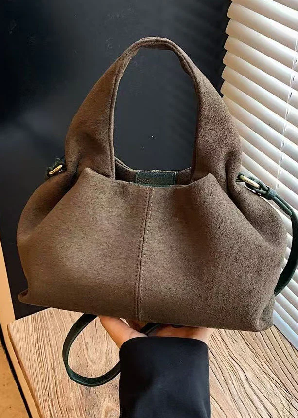 Women Camel Solid Durable Faux Suede Tote Handbag - Image 2