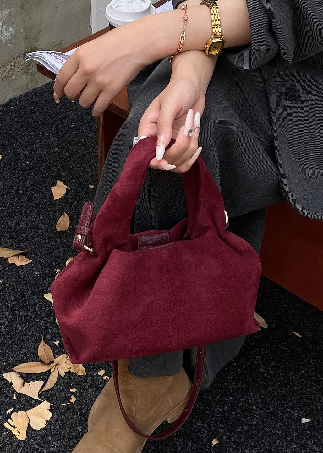Women Camel Solid Durable Faux Suede Tote Handbag - Image 5