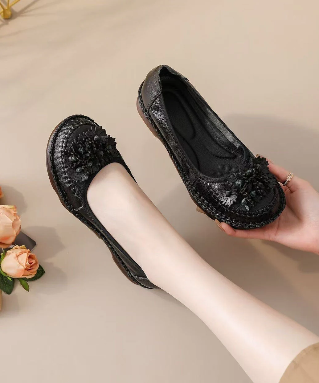 Women Caramel Flats Cowhide Leather Comfortable Floral - Image 2