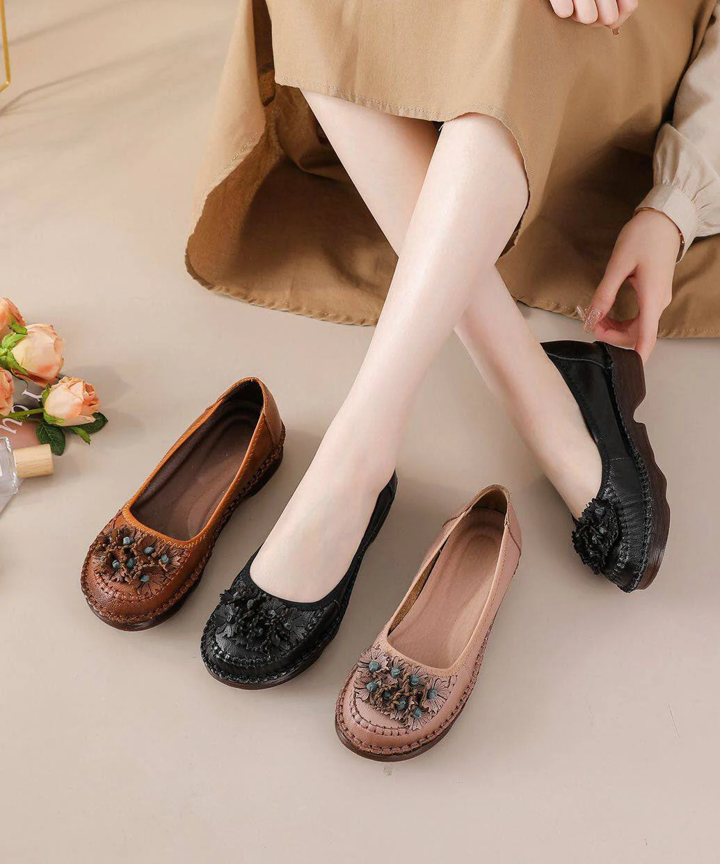 Women Caramel Flats Cowhide Leather Comfortable Floral - Image 5