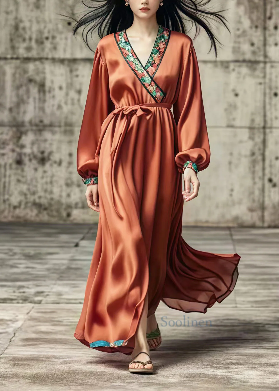 Women Caramel Silm Fit Draping Silk Holiday Dress Spring - Image 2