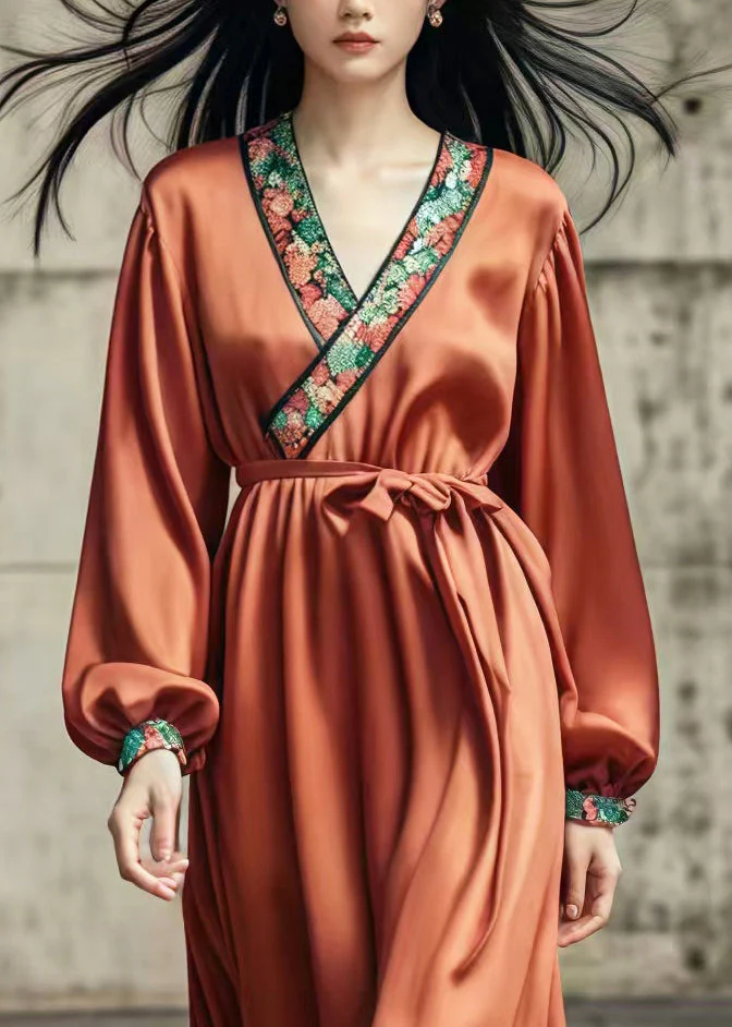 Women Caramel Silm Fit Draping Silk Holiday Dress Spring - Image 3