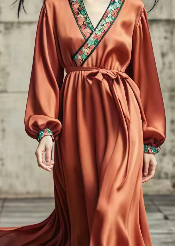 Women Caramel Silm Fit Draping Silk Holiday Dress Spring - Image 4