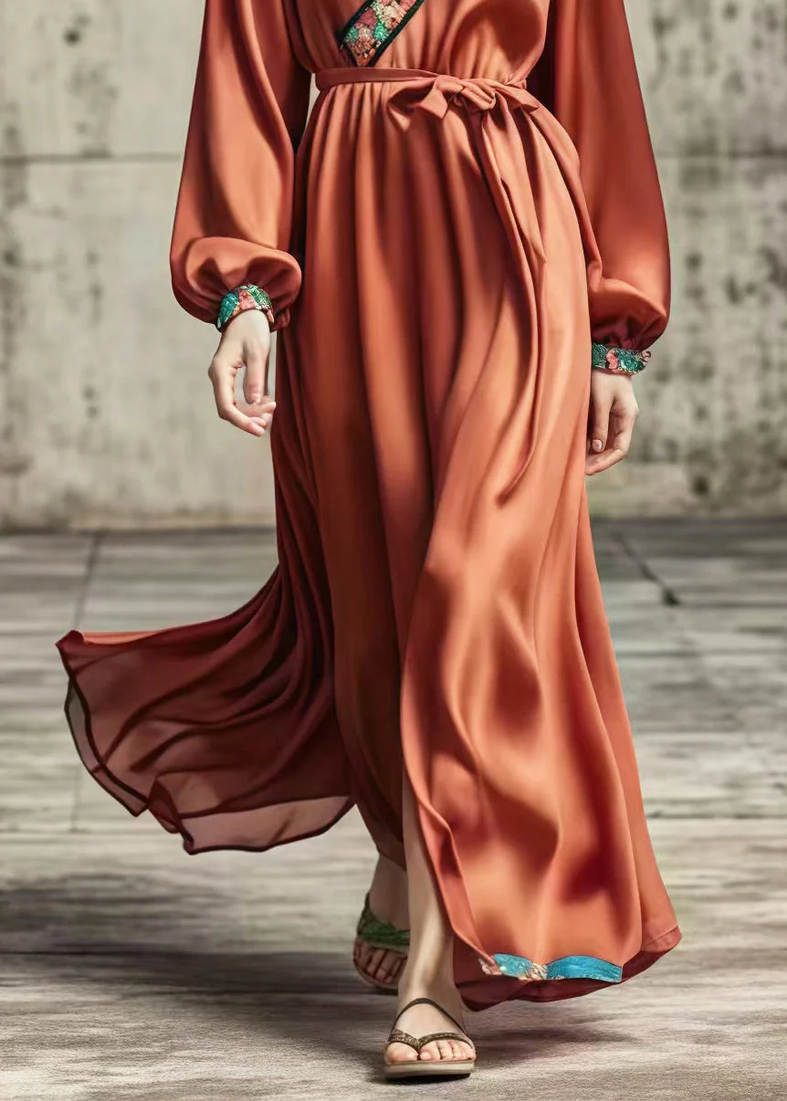 Women Caramel Silm Fit Draping Silk Holiday Dress Spring - Image 5