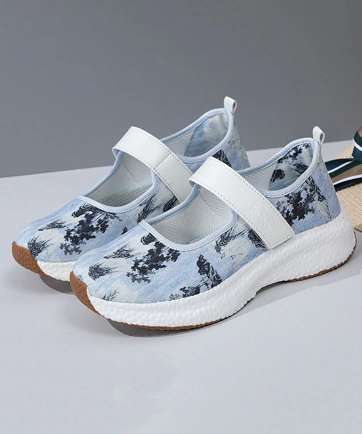 Women Casual Blue Denim Fabric Print Flat Feet Shoes Buckle Strap