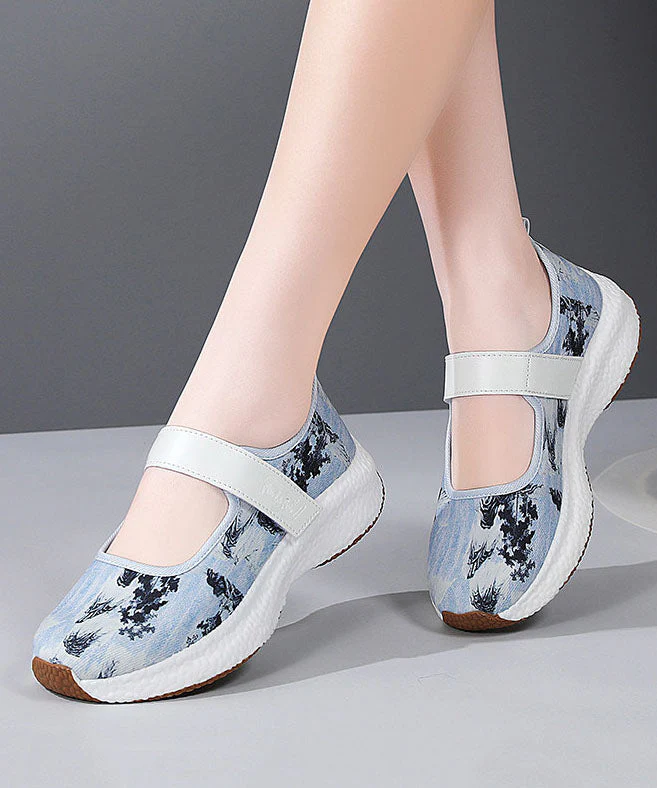 Women Casual Blue Denim Fabric Print Flat Feet Shoes Buckle Strap - Image 3