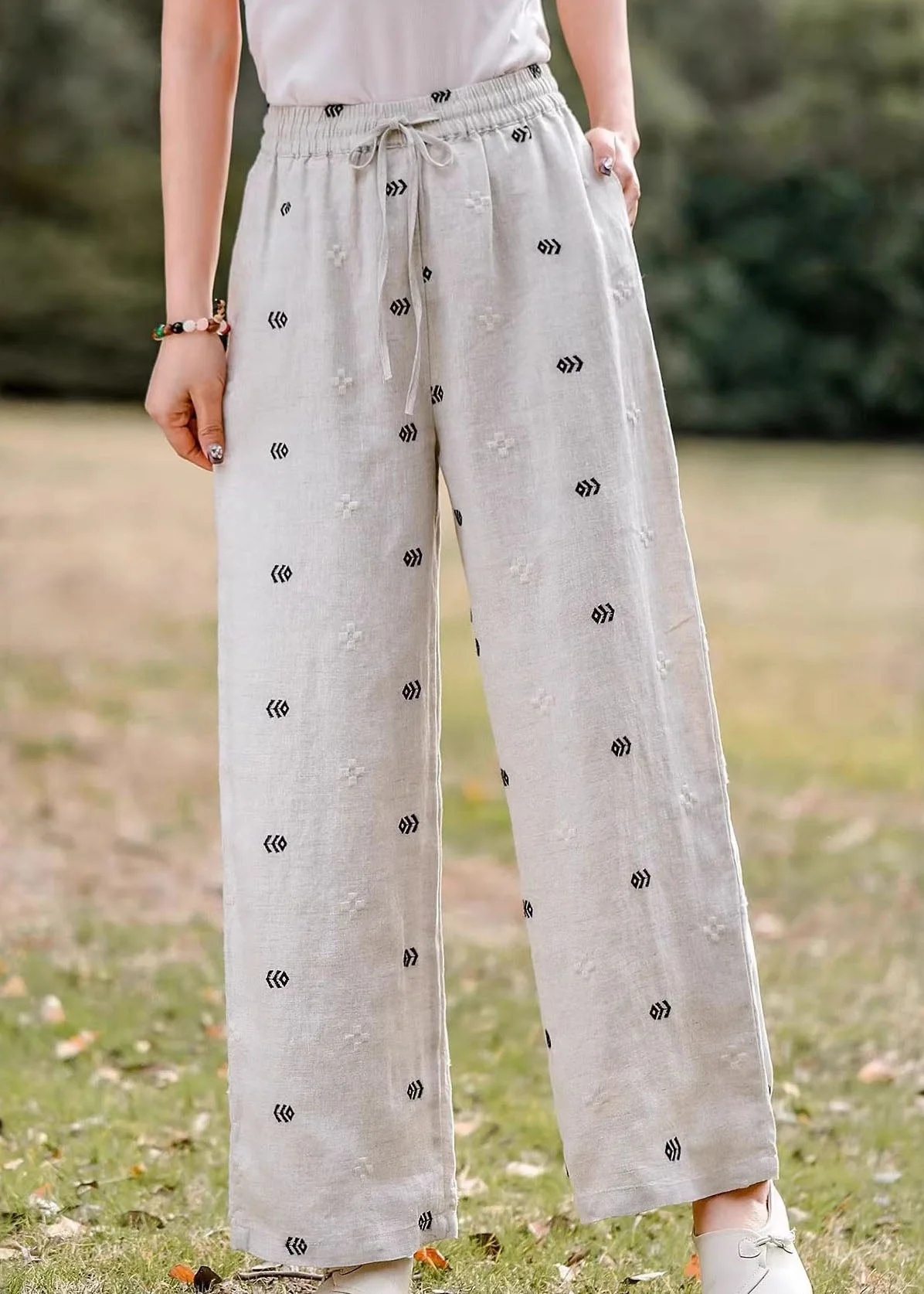 Women Casual Embroidered Pockets Elastic Waist Linen Pants Summer - Image 2