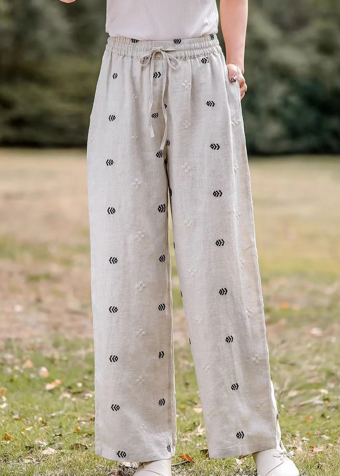 Women Casual Embroidered Pockets Elastic Waist Linen Pants Summer - Image 3