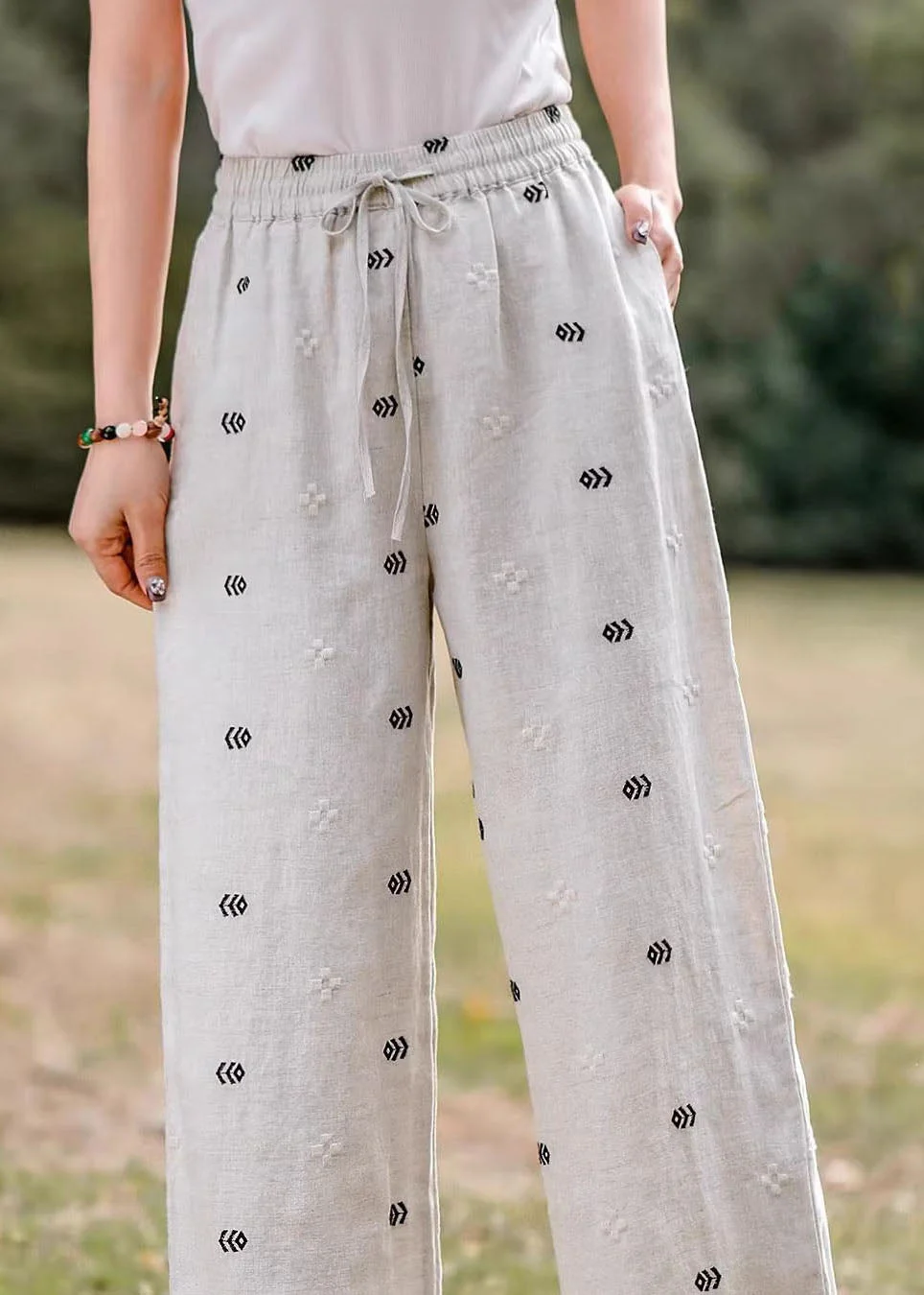 Women Casual Embroidered Pockets Elastic Waist Linen Pants Summer - Image 4
