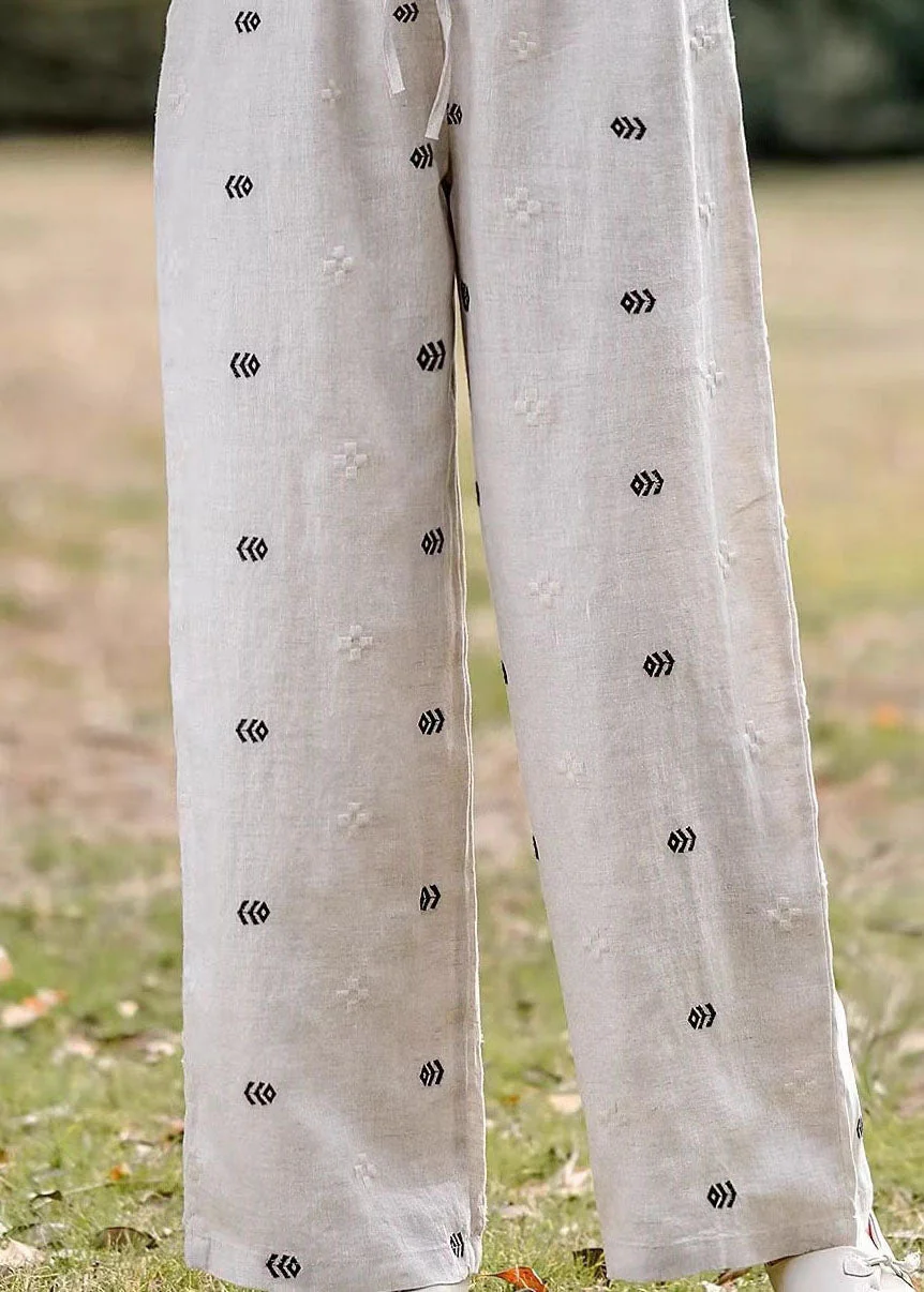 Women Casual Embroidered Pockets Elastic Waist Linen Pants Summer - Image 5