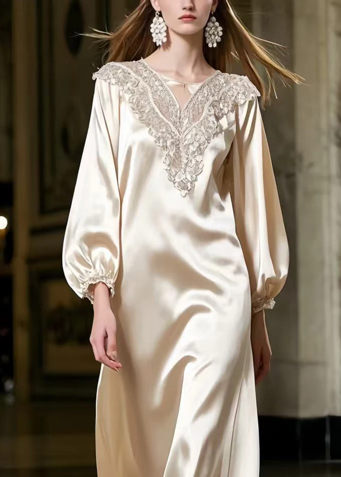 Women Champagne Lace Neck Draping Silk Robe Dresses Spring - Image 2