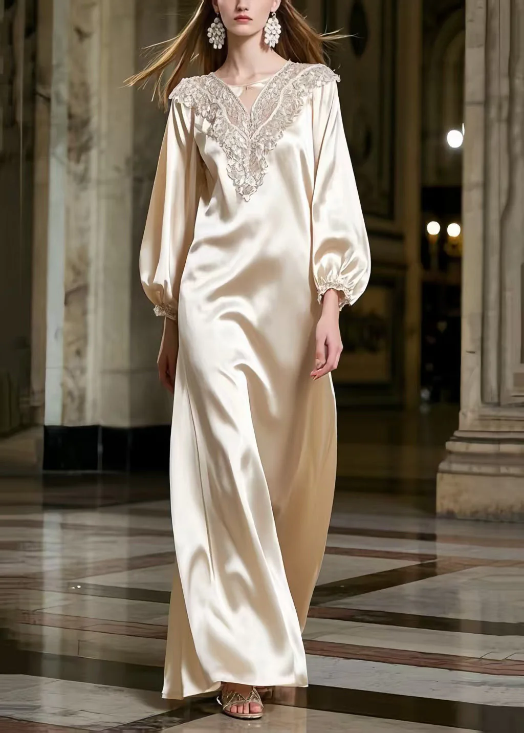 Women Champagne Lace Neck Draping Silk Robe Dresses Spring - Image 3