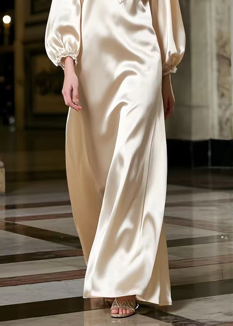 Women Champagne Lace Neck Draping Silk Robe Dresses Spring - Image 4