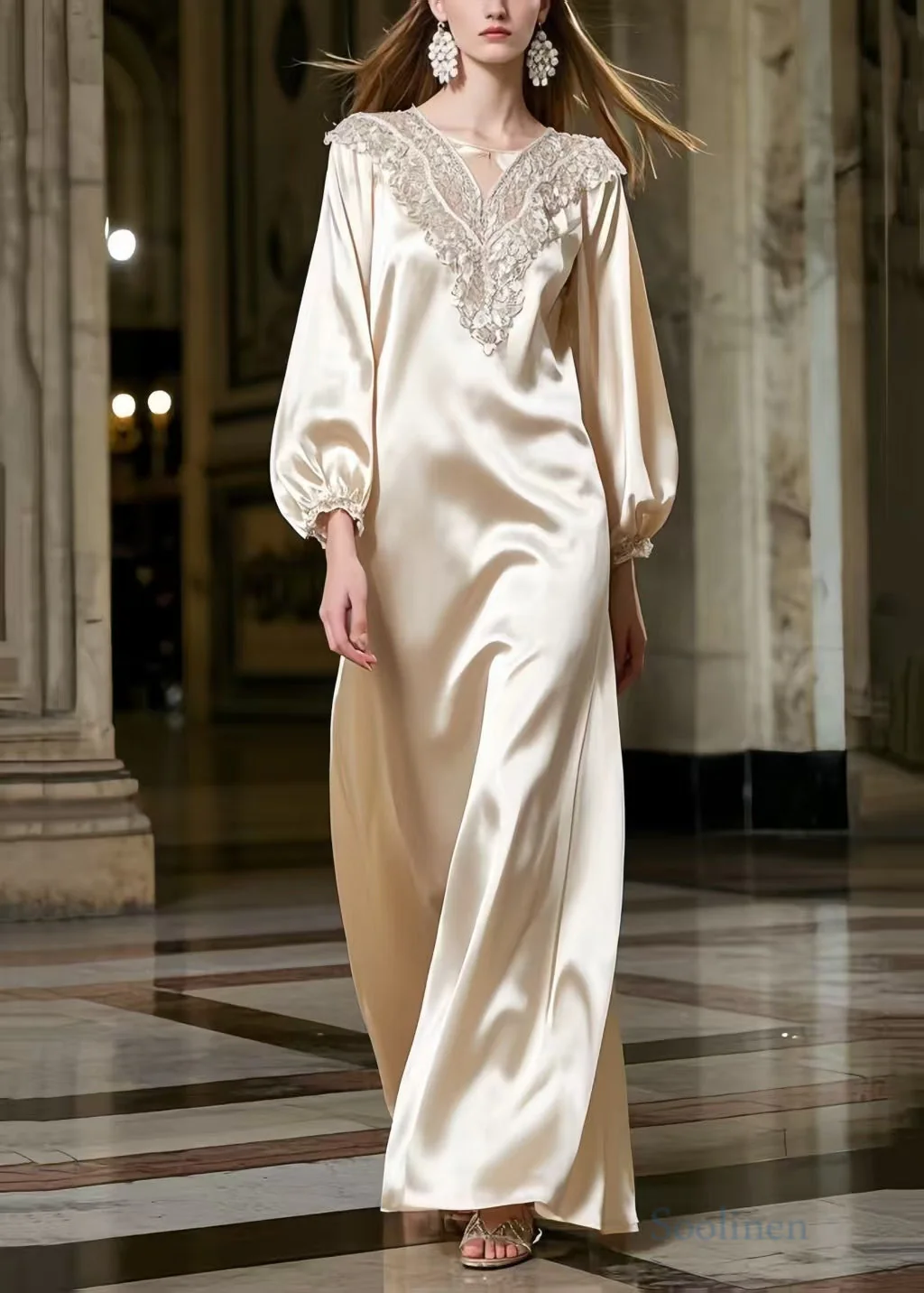 Women Champagne Lace Neck Draping Silk Robe Dresses Spring - Image 5