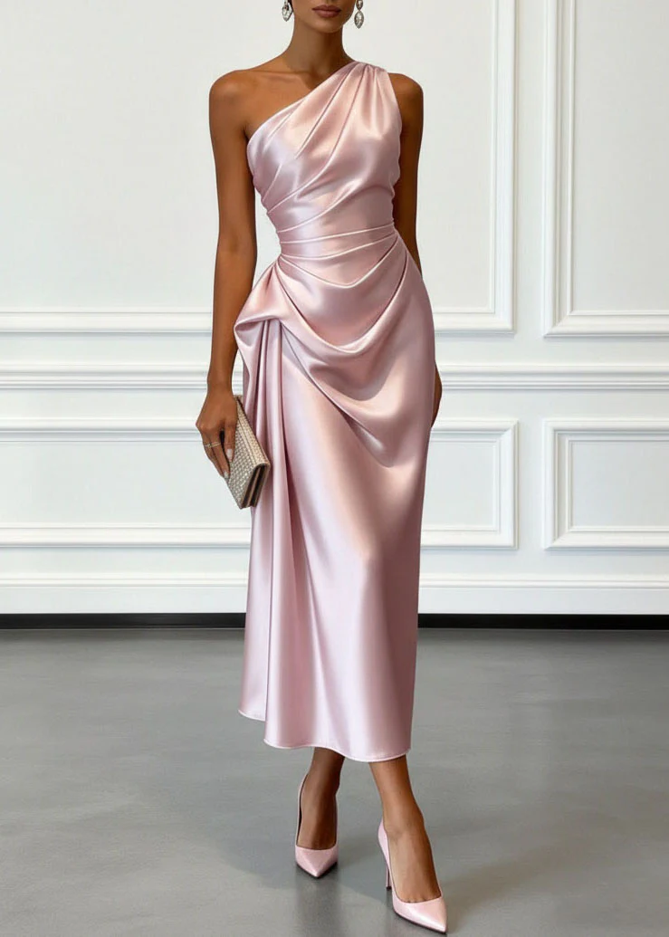 Women Champagne One Shoulder Wrinkled Silk Dress Summer - Image 3