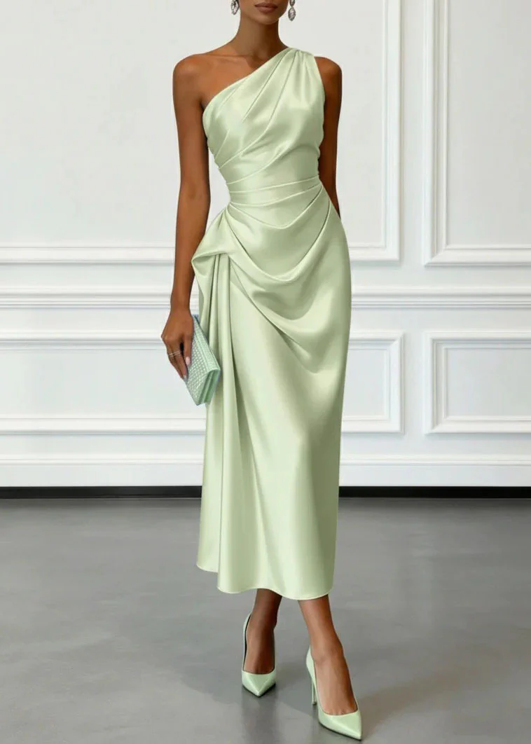 Women Champagne One Shoulder Wrinkled Silk Dress Summer - Image 4