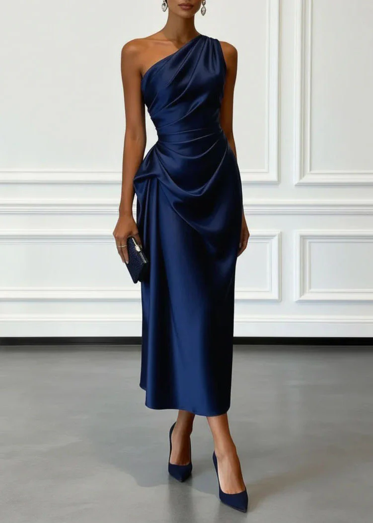 Women Champagne One Shoulder Wrinkled Silk Dress Summer - Image 5