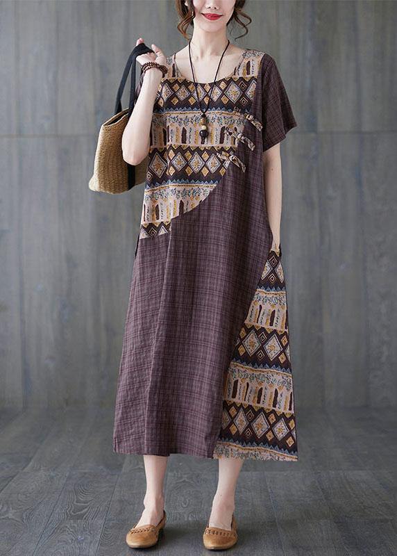 Women Chocolate Patchwork Print Oriental Party Summer Cotton Dress - Image 2