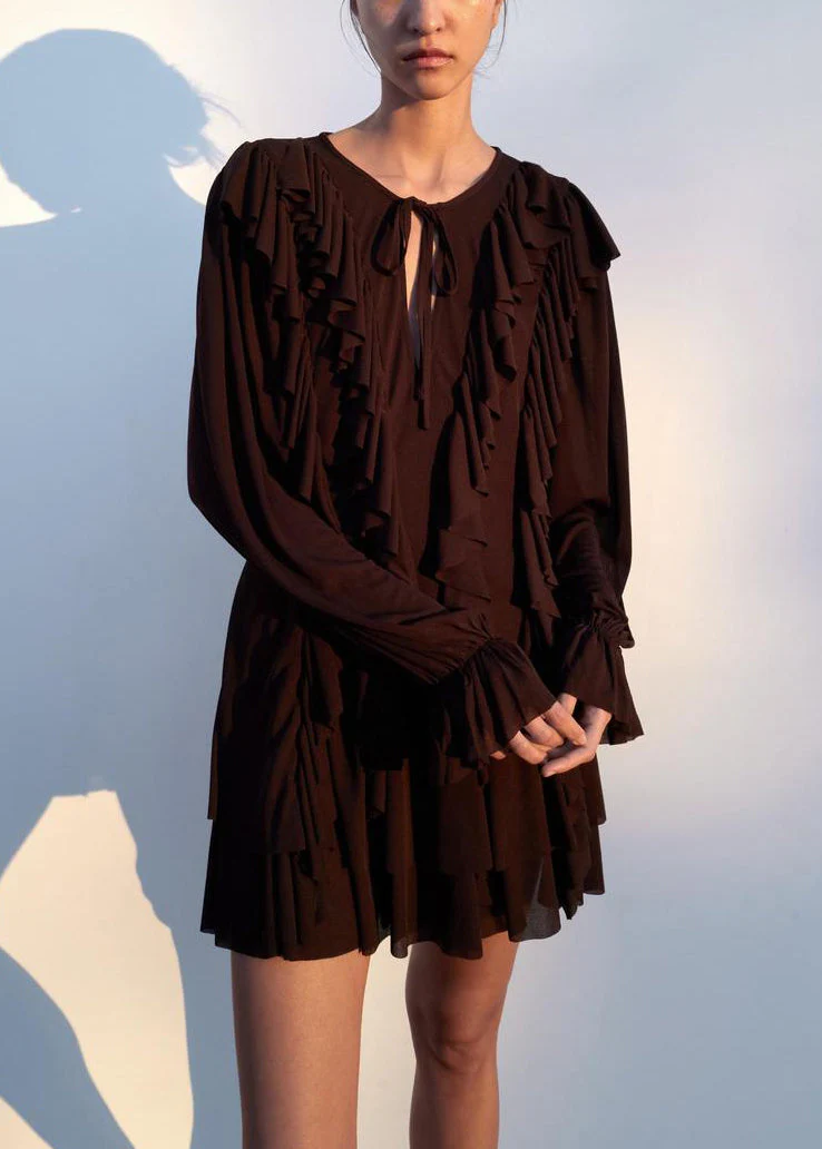 Women Chocolate Ruffled Lace Up Cotton Mini Dress Butterfly Sleeve - Image 2