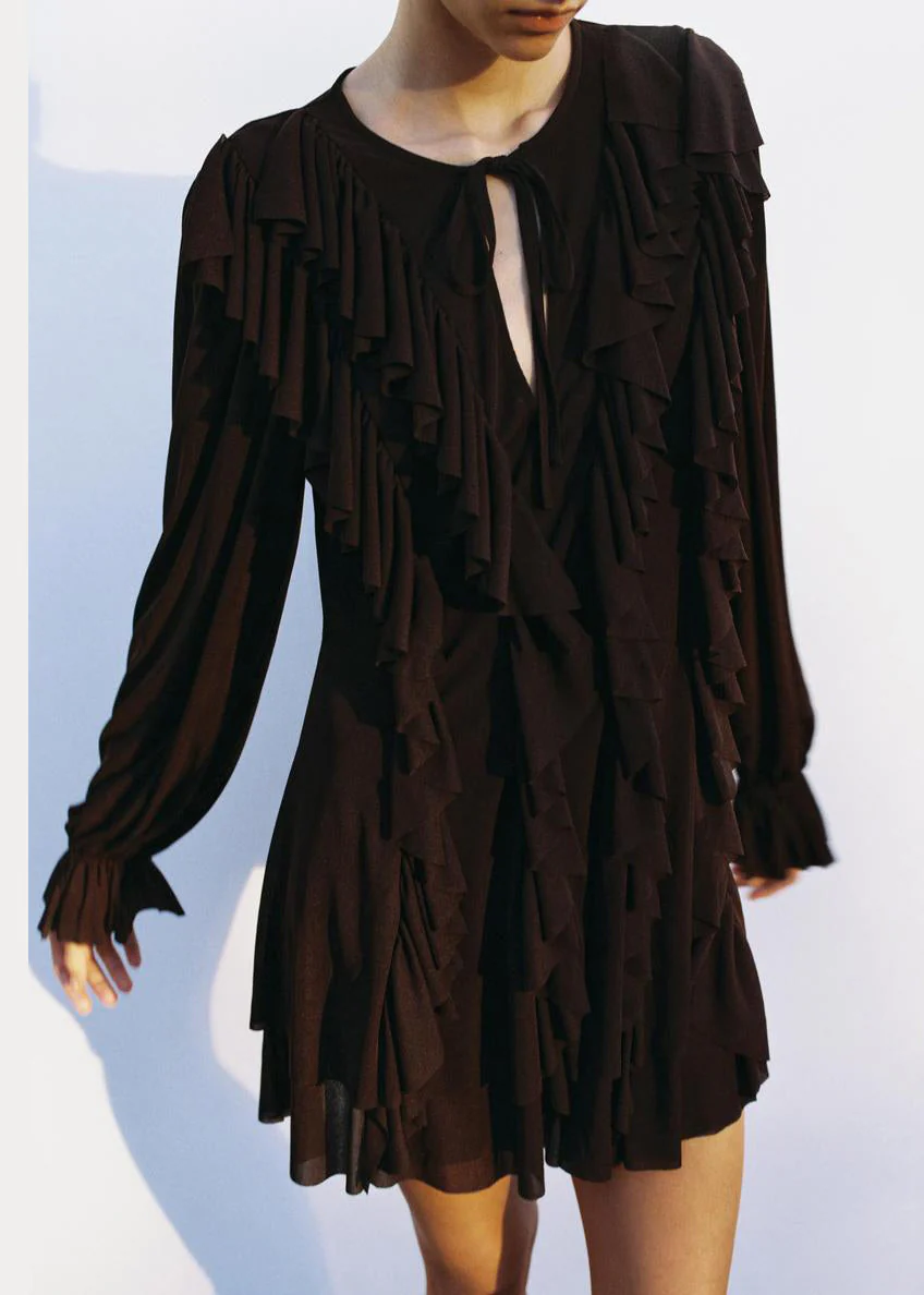 Women Chocolate Ruffled Lace Up Cotton Mini Dress Butterfly Sleeve - Image 3