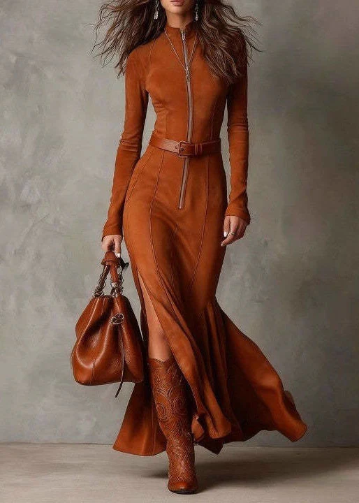 Women Chocolate Zip Up Patchwork Faux Suede Dress Fall - Image 3
