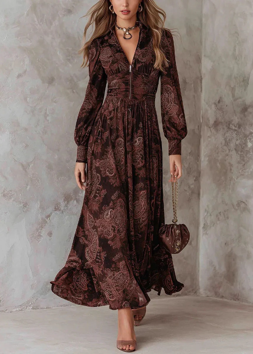Women Chocolate Zip Up Print Wrinkled Cotton Maxi Dresses Fall - Image 3
