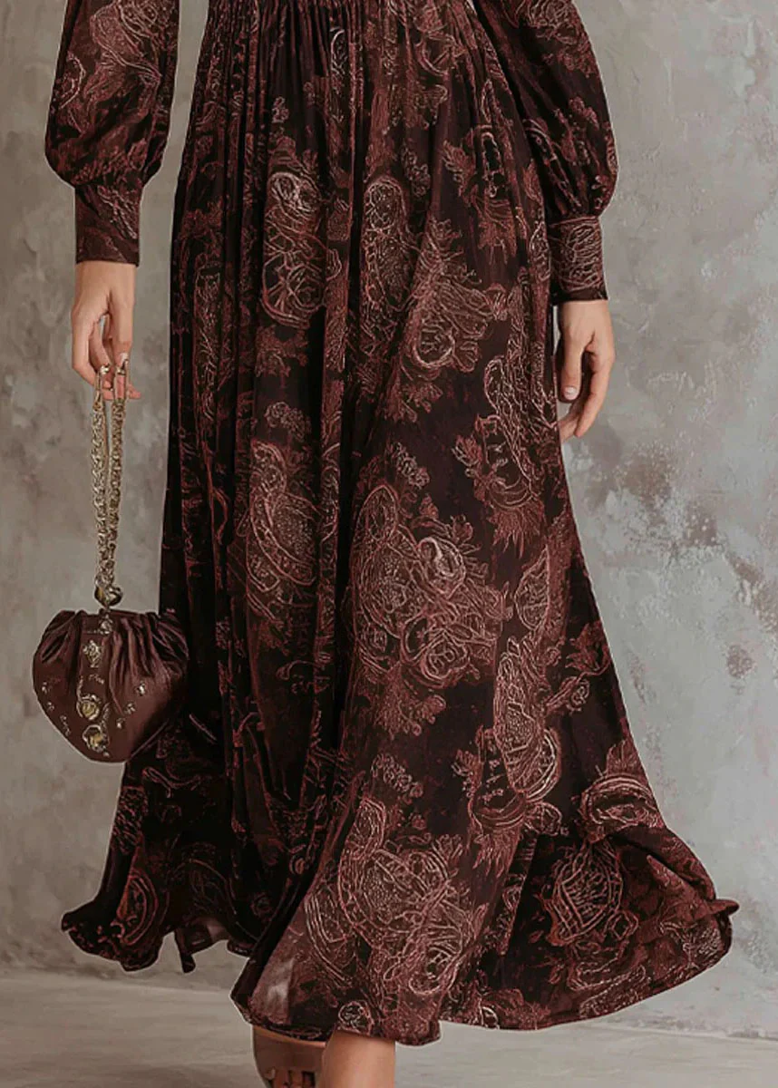 Women Chocolate Zip Up Print Wrinkled Cotton Maxi Dresses Fall - Image 4