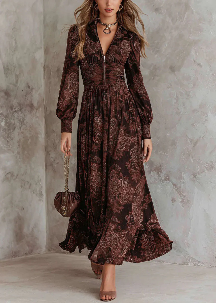 Women Chocolate Zip Up Print Wrinkled Cotton Maxi Dresses Fall - Image 5