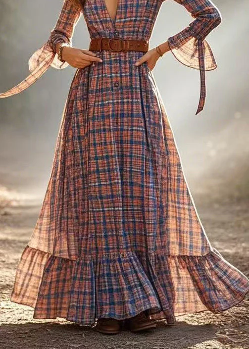 Women Cinched Plaid Cotton A Line Dress Spring - Image 4